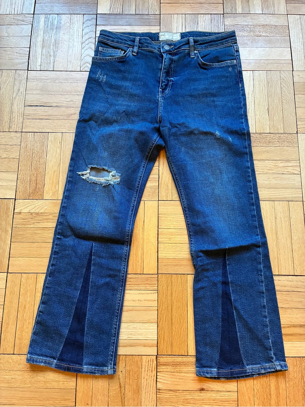 EUC Free People Dark Blue Distressed Crop Flare Jeans